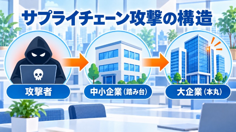 リモート接続、なりすましメール、納品物経由という3つのサプライチェーン攻撃の経路を示す図