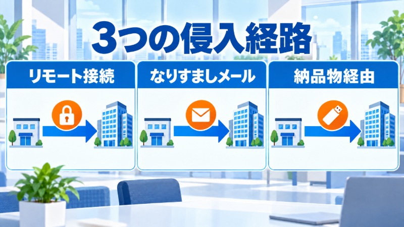 取引先を装ったなりすましメールを警戒しながら確認するオフィスワーカー