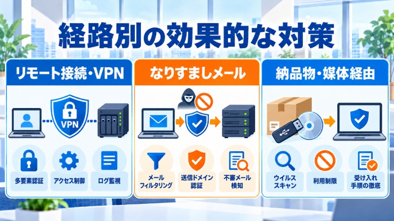 3つの侵入経路それぞれに効く対策を色分けして示した図