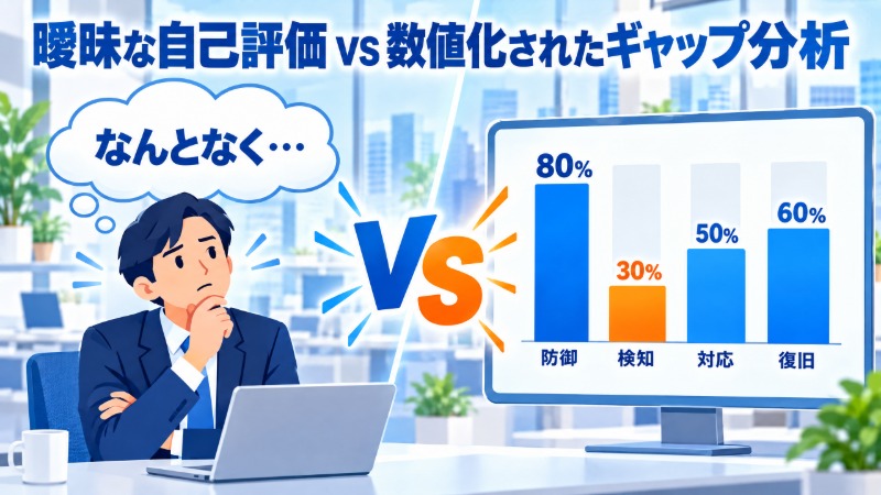 曖昧な自己評価と数値化されたギャップ分析を対比する図