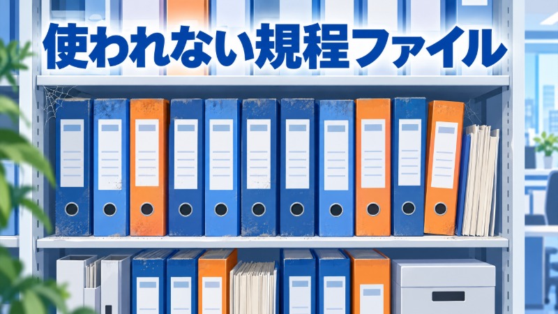 使われないまま棚に置かれた規程ファイルの様子