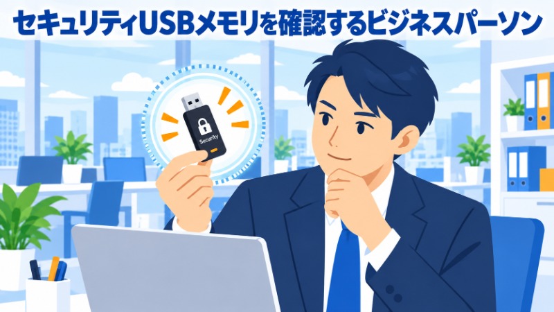 セキュリティUSBメモリを確認するビジネスパーソン