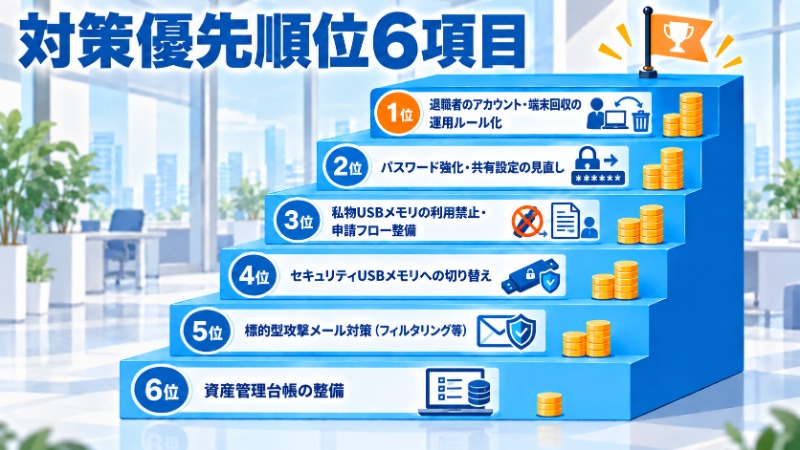 セキュリティ対策の優先順位6項目を階段状に示した図