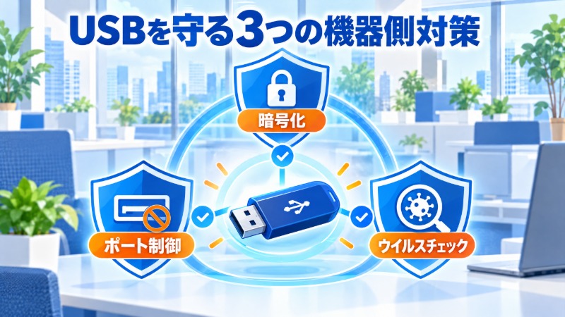 USBメモリを守る3つの機器側対策を示す図