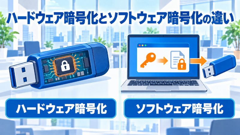セキュリティUSBメモリ選定で確認すべき3つの軸を示す図