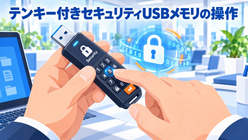 テンキー付きセキュリティUSBメモリでパスワードを入力する手元