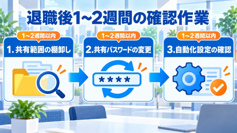 退職後1〜2週間以内に確認すべき3つの作業を時系列で示す図