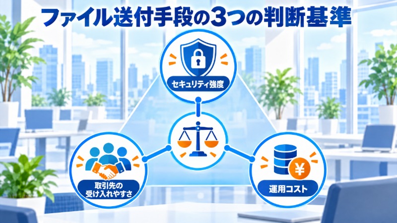 ファイル送付手段を選ぶ際の3つの判断基準のバランスを示す図