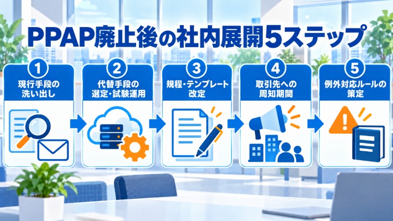 PPAP廃止後の社内展開を5ステップで示すフローチャート