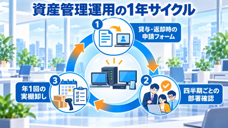 資産管理台帳を運用に乗せる3つの仕組みを1年サイクルで示す図