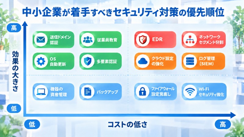中小企業向けセキュリティ対策のコストと効果による優先順位マトリクス