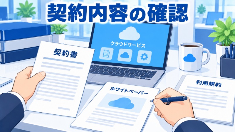 クラウドサービスの契約前チェックと契約後の継続管理の流れを示す図