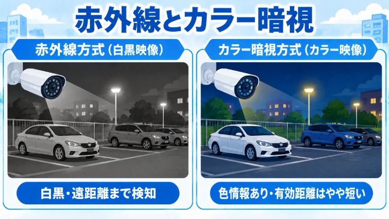 赤外線方式とカラー暗視方式の映像イメージの違いを示す図