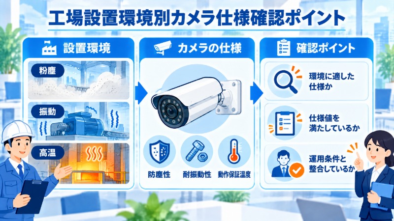 工場の設置環境別に確認すべきカメラの仕様を示す図