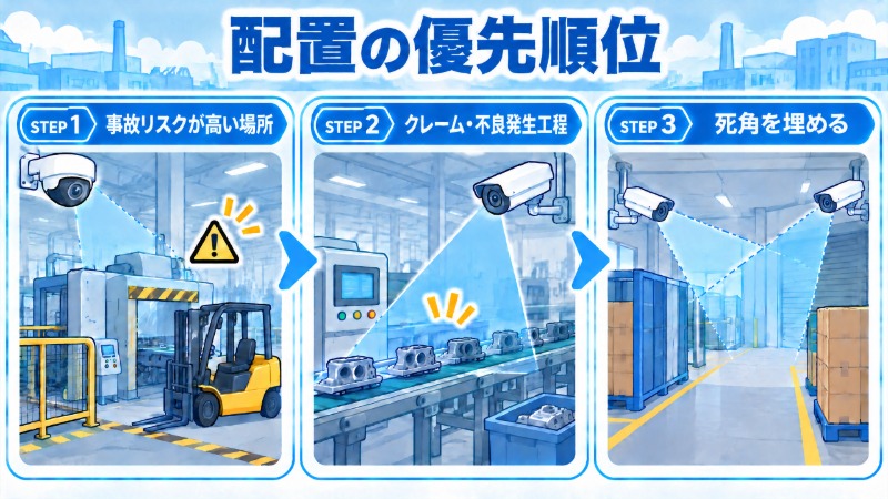 工場の監視カメラ配置における3段階の優先順位を示す図