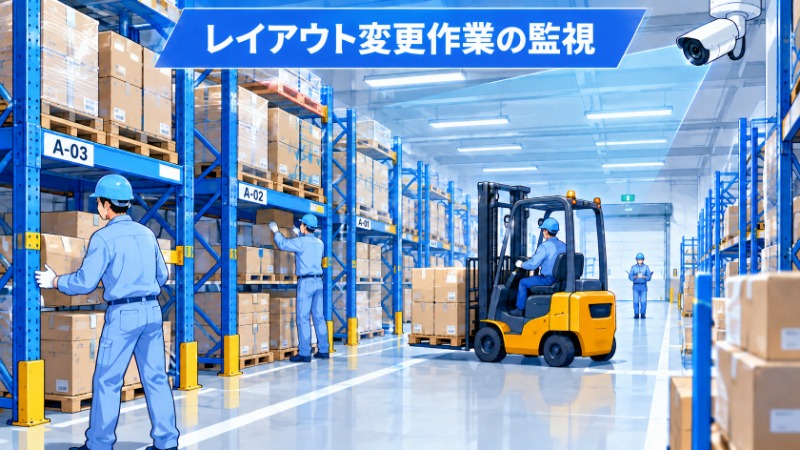 倉庫内で棚のレイアウトを変更する作業の様子