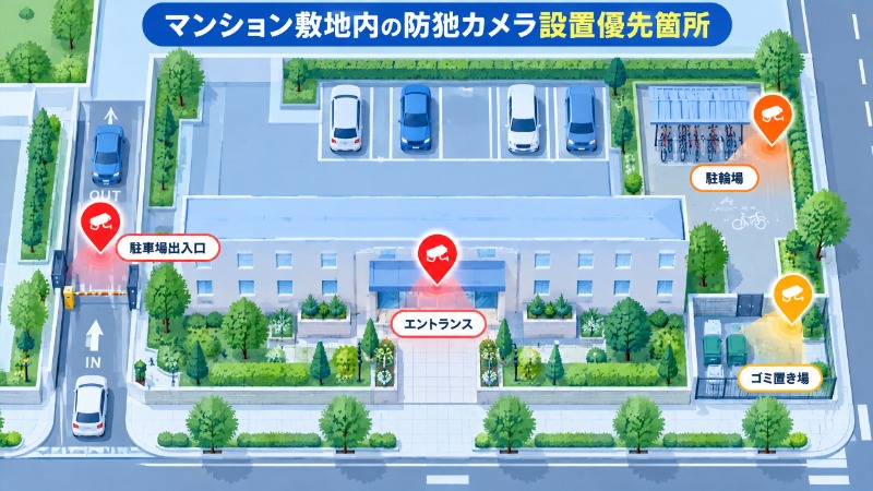 マンション敷地内における防犯カメラ設置優先箇所を示す模式図