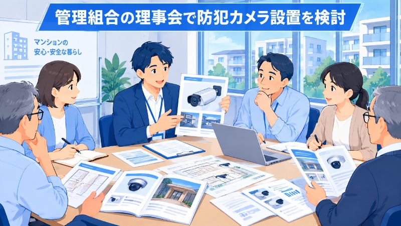 マンション管理組合の理事会で防犯カメラ設置を検討する様子