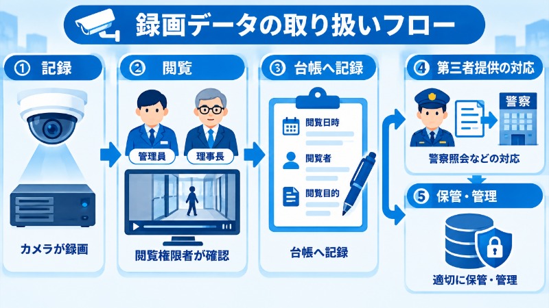 防犯カメラ録画データの取り扱いフローを示す図