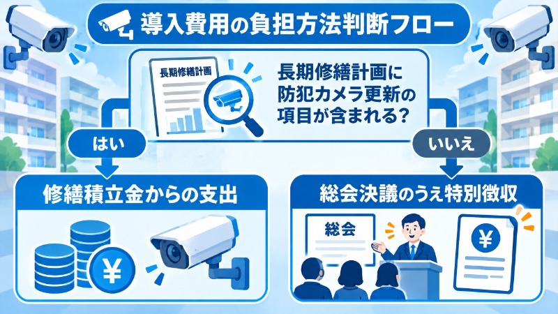 防犯カメラ導入費用の負担方法を判断する分岐図