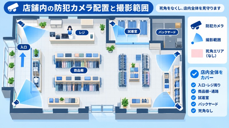 店舗内のカメラ配置と撮影範囲を示す平面模式図