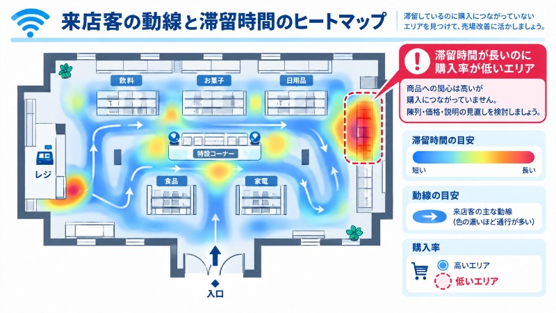 店舗内の来店客動線と滞留時間を示すヒートマップ図
