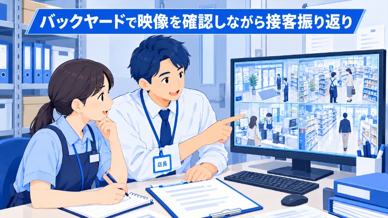 店長とスタッフが映像を見ながら接客を振り返る様子