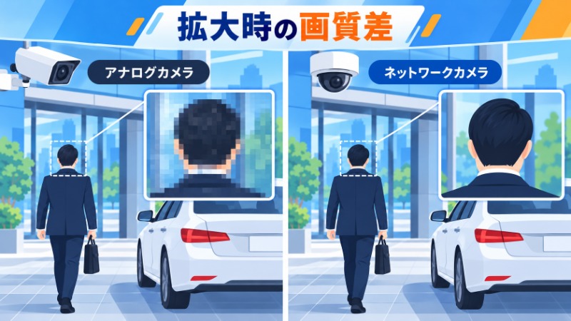 アナログカメラとネットワークカメラの拡大時の画質差を示す比較図