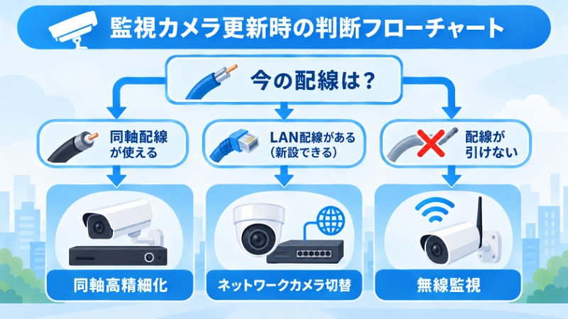 監視カメラ更新時の配線状況別判断フローチャート