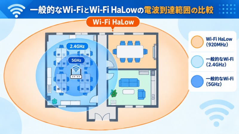 一般的なWi-FiとWi-Fi HaLowの電波到達範囲を比較した図