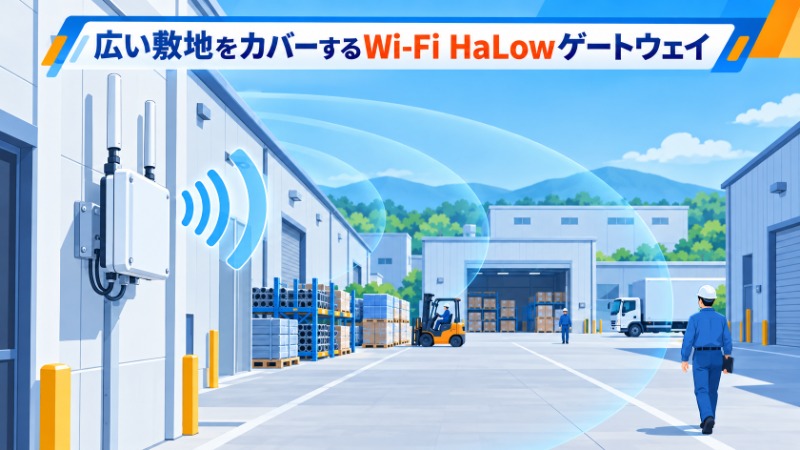 工場敷地内の建屋間に設置されたWi-Fi HaLowゲートウェイ機器