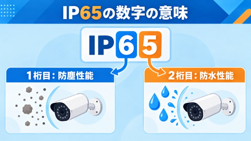 IP規格の数字が防塵性能と防水性能をそれぞれ示すことを説明する図