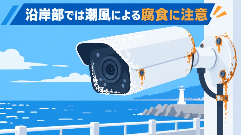 沿岸部に設置された監視カメラに潮風による腐食が見られる様子
