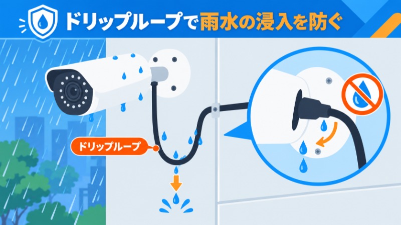 雨水の浸入を防ぐドリップループの施工方法を示す図