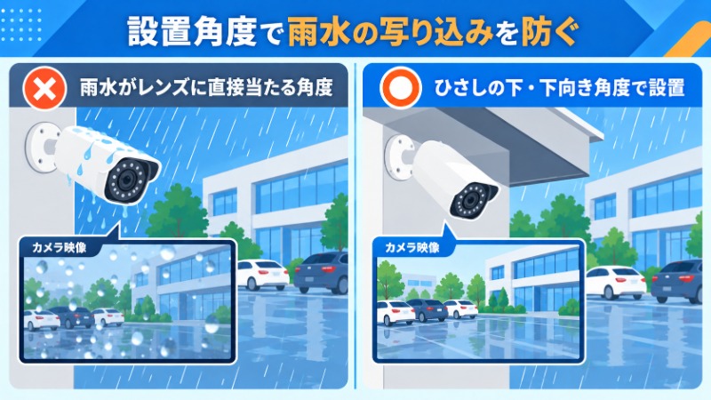 監視カメラの設置角度による雨水の写り込みの違いを比較した図
