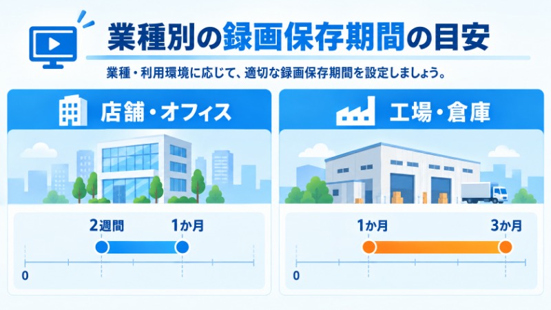 店舗・オフィスと工場・倉庫の録画保存期間の目安を比較する図