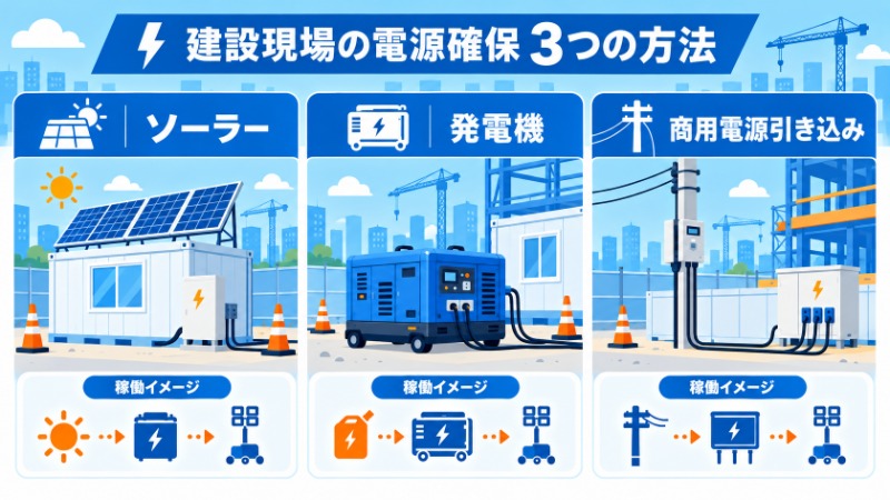 電源も配線設備もない建設現場の資材置き場の様子
