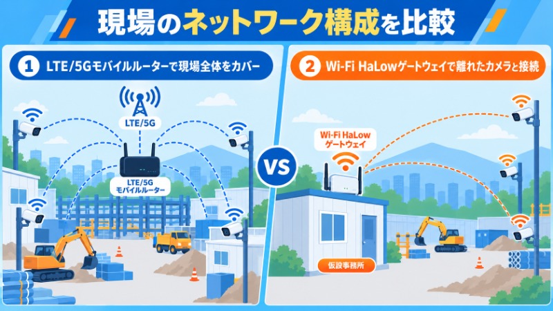 LTE/5Gモバイルルーターとwi-Fi HaLowゲートウェイの構成を比較する図