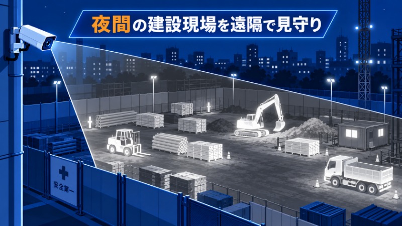 夜間の建設現場で資材や重機を監視するカメラの様子