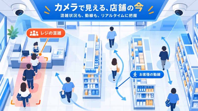 店舗の天井カメラがレジ前や客の動線を撮影している様子