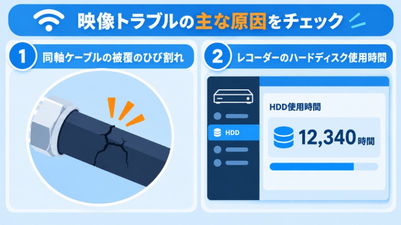 同軸ケーブルの劣化とレコーダーのハードディスク状態を示すイメージ