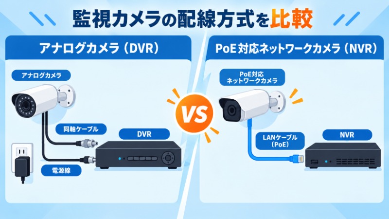 アナログ方式とIP方式の配線構成の違いを示す図
