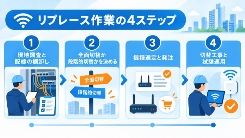 監視カメラリプレースの実務手順4ステップを示すフロー図