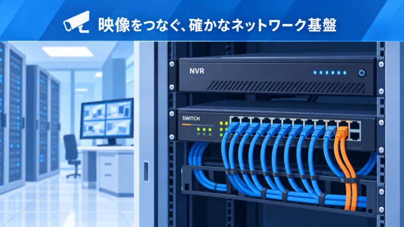 NVRとネットワークスイッチが設置されたサーバーラックの様子
