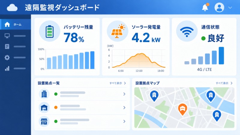 バッテリー残量や通信状態を遠隔確認できる管理ダッシュボードのイメージ
