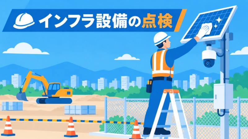 屋外設置のソーラーパネル付き監視カメラを点検する作業員の様子