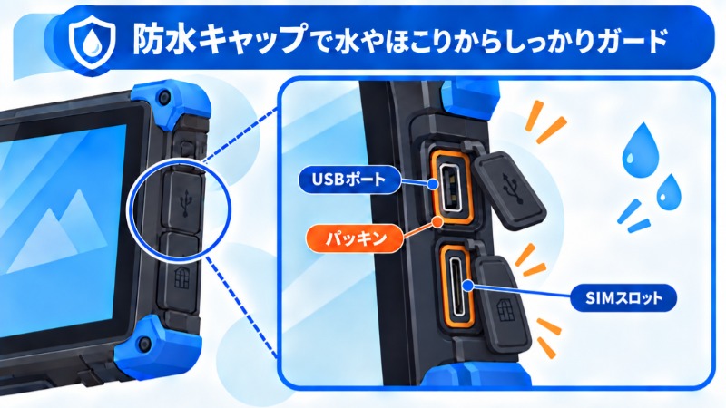 堅牢タブレットの防水キャップが装着されたポート部分のクローズアップ