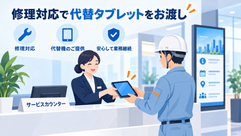 修理対応で代替タブレットを受け渡す様子