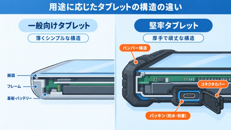 一般タブレットと堅牢タブレットの3年間の総保有コストを比較する棒グラフ