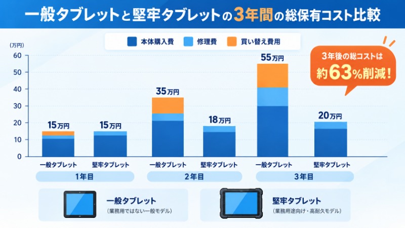一般向けタブレットと堅牢タブレットの断面構造の違いを示す図